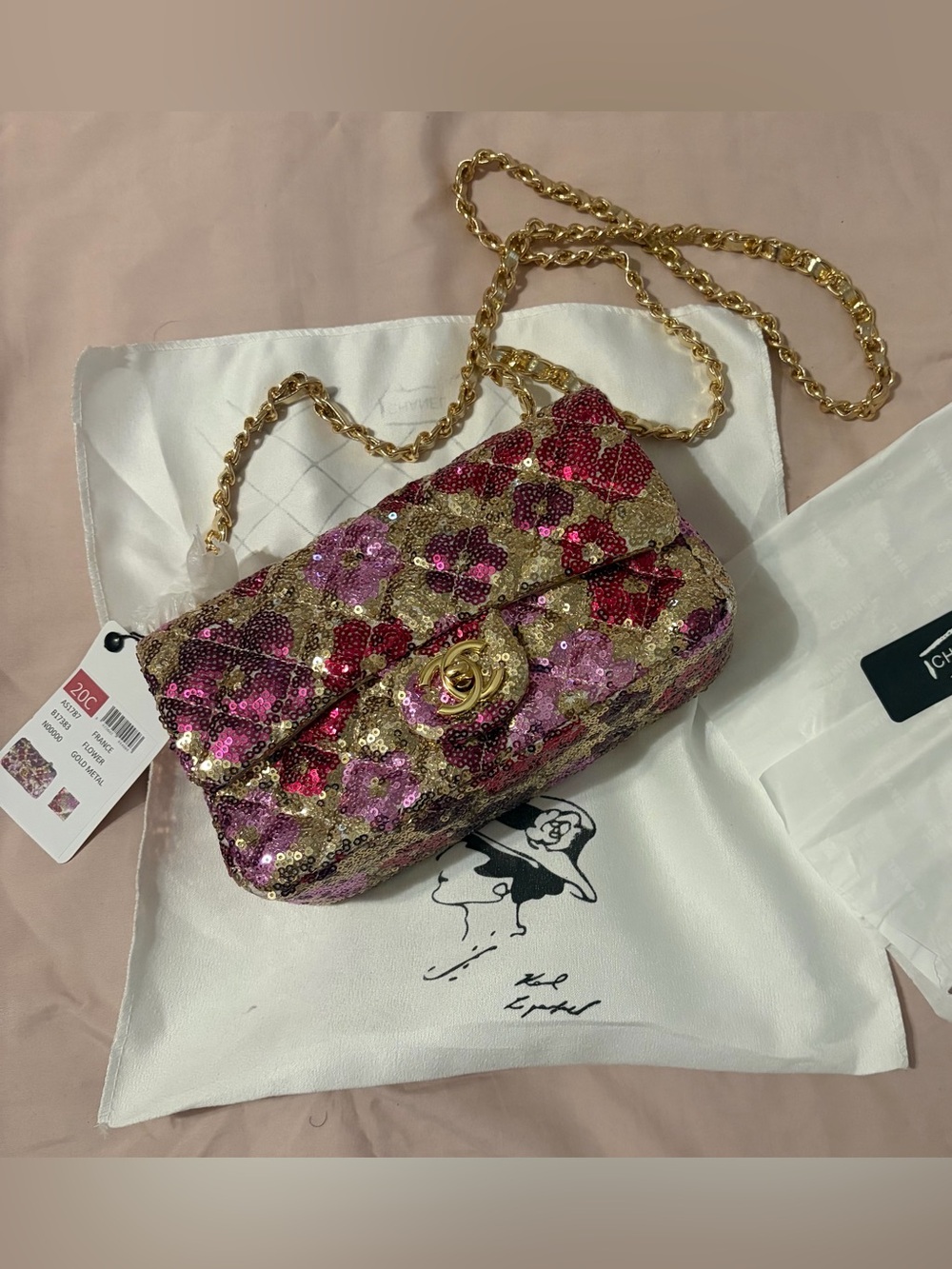 Fashion Sequined Floral Quilted Medium Classic Leather Flap Bag With Gold Chain